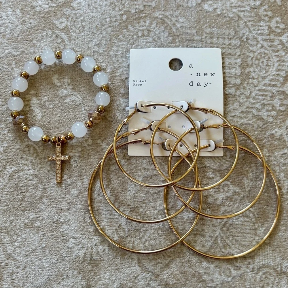 A New Day 3-Pack Gold Tone Hoop Earrings White Beaded Stretch Bracelet w/ Cross - Picture 4 of 11